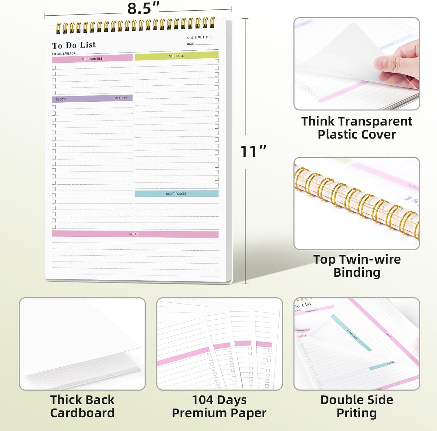 To Do List Notepad Undated, Daily To Do List Notebook (8.5"x 11") Spiral Daily Task Hourly Schedule Planning Pad with Checklist Suitable for Office, Home and School 104 Pages