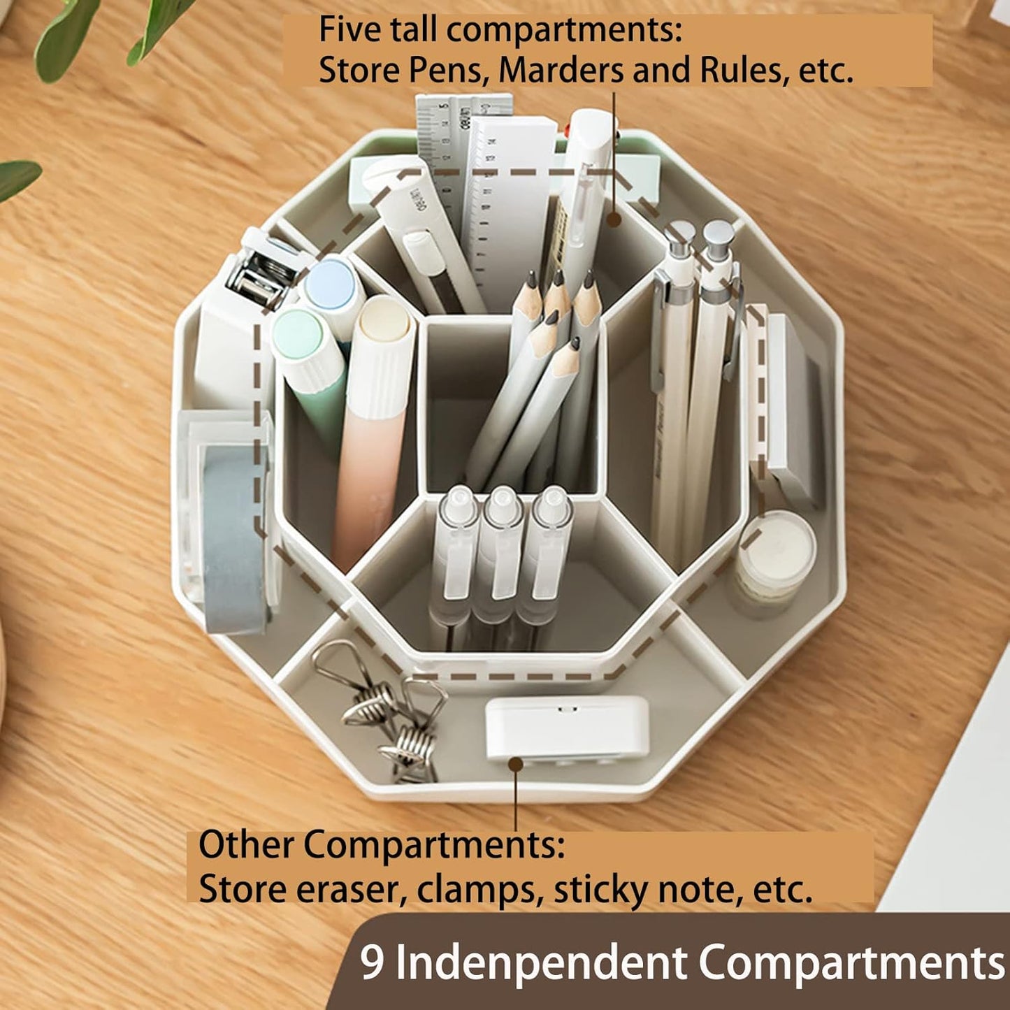 Pencil Pen Holder for Desk, 9 Slots 360 Degree Rotating Desk Organizer, Cute Pen Organizers Stationery Supplies for Office Home & Art Supply (Beige)