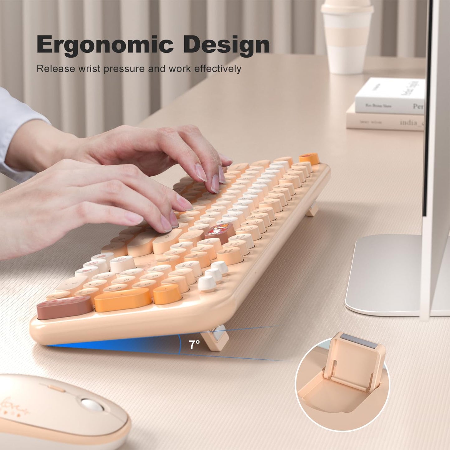 MOFII Wireless Keyboard and Mouse Combo, Cute Retro Typewriter Keyboard and Silent Mouse, 2.4GHz Full Size Computer Keyboard Wireless Mouse Set for PC, Laptop, Desktop, Windows (Yellow Colorful)