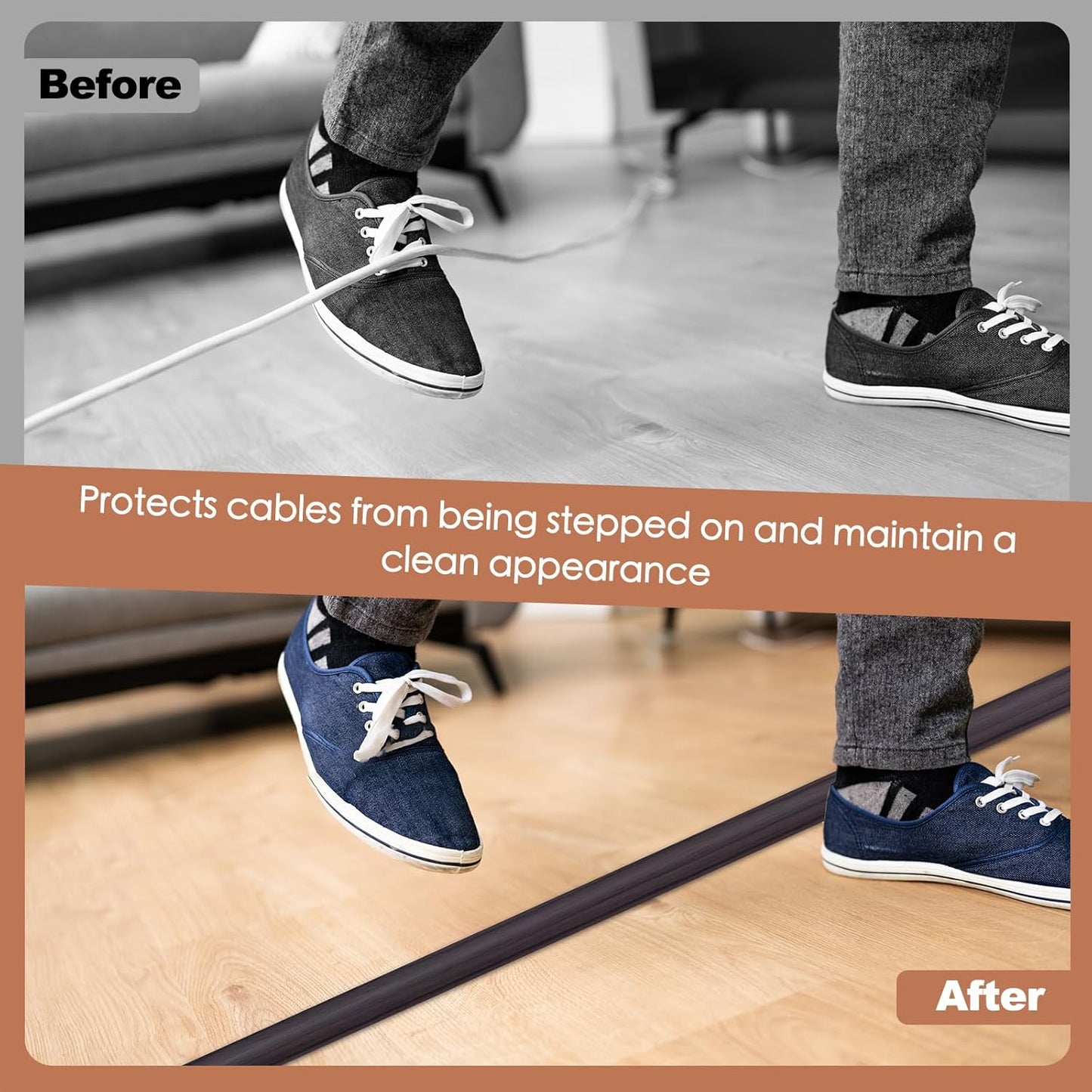 Floor Cord Cover for Wires on Floor Self Adhesive Cord Hider Floor Cable Management Wire Covers for Cords Protector Prevent Cable Trips Cord Cavity W 0.51" x H 0.31", Black Walnut, 20Ft