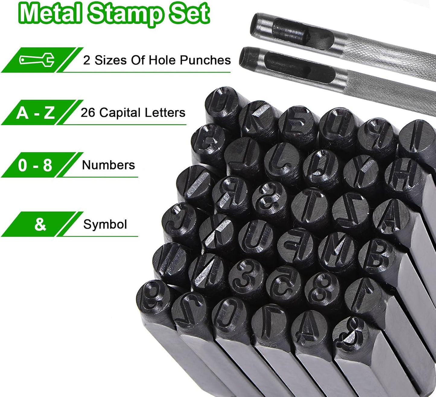 HARFINGTON 36pcs Metal Stamping Kit 1/4" (6mm) (A-Z, 0-8, "&" Symbol) Steel Letter Punch Press Tool with Hole Punch to Stamp on Metal, Plastic, Wood, Leather, Black
