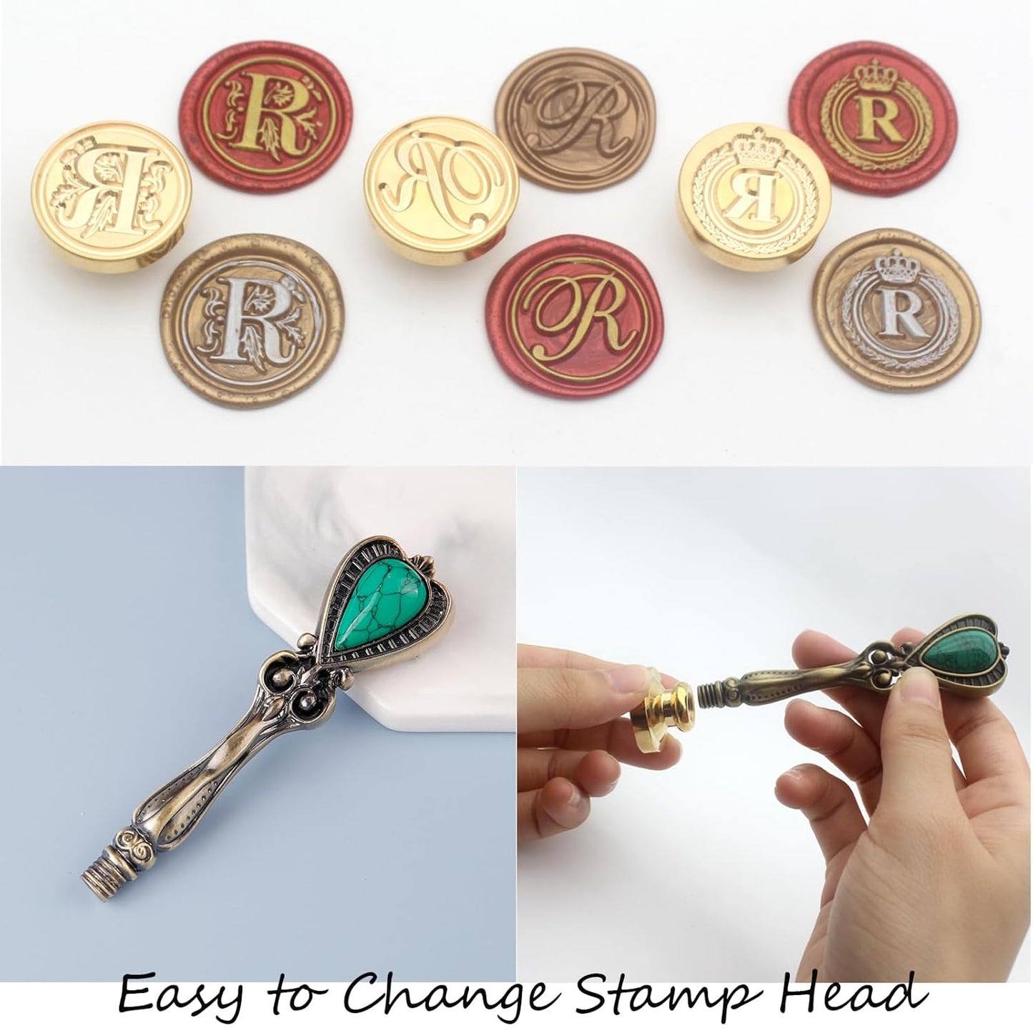 Letter Wax Seal Stamp Kit, Andotopee Wax Seal Kit Initial Alphabet R Sealing Wax Stamp Head 3pcs, Vintage Wax Stamp Seal Kit with Wax Seal Beads, Wax Seal Warmer Tools, Wax Seal Pen, Gift Box Set