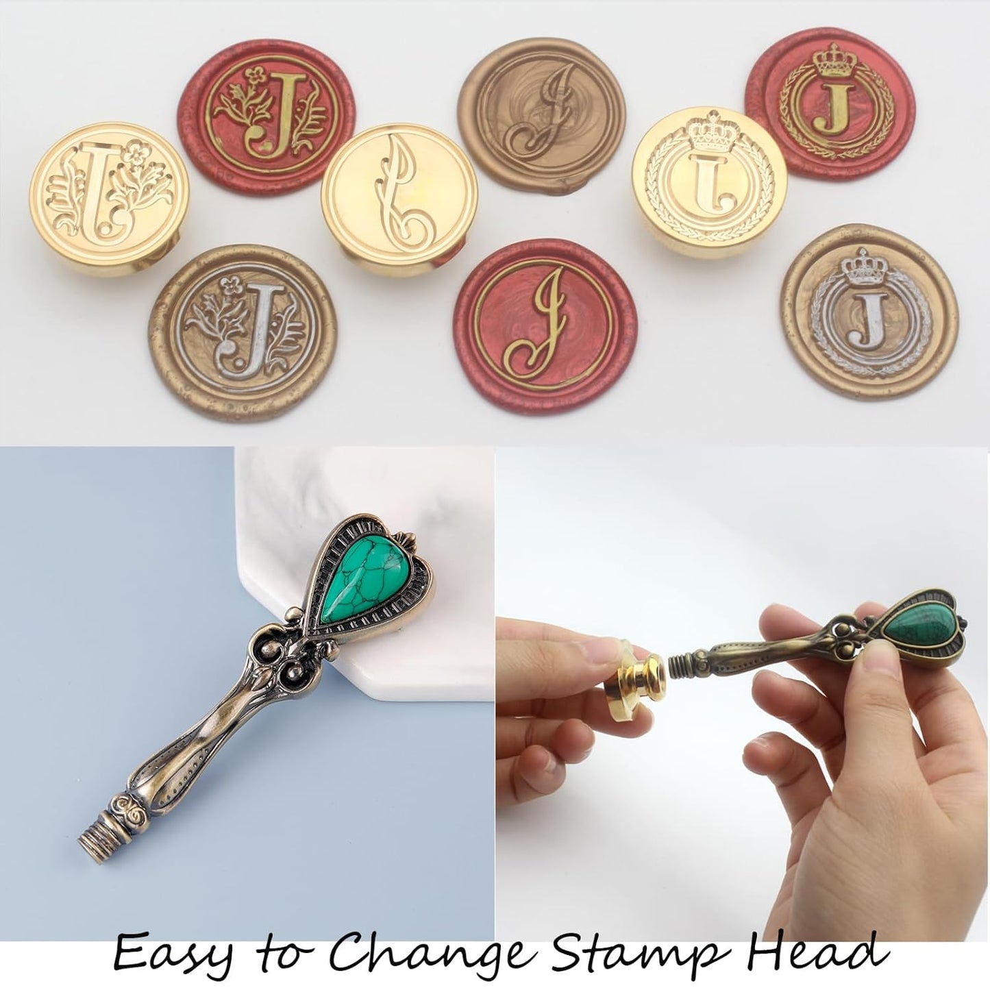 Letter Wax Seal Stamp Kit, Andotopee Wax Seal Kit Initial Alphabet J Sealing Wax Stamp Head 3pcs, Vintage Wax Stamp Seal Kit with Wax Seal Beads, Wax Seal Warmer Tools, Wax Seal Pen, Gift Box Set