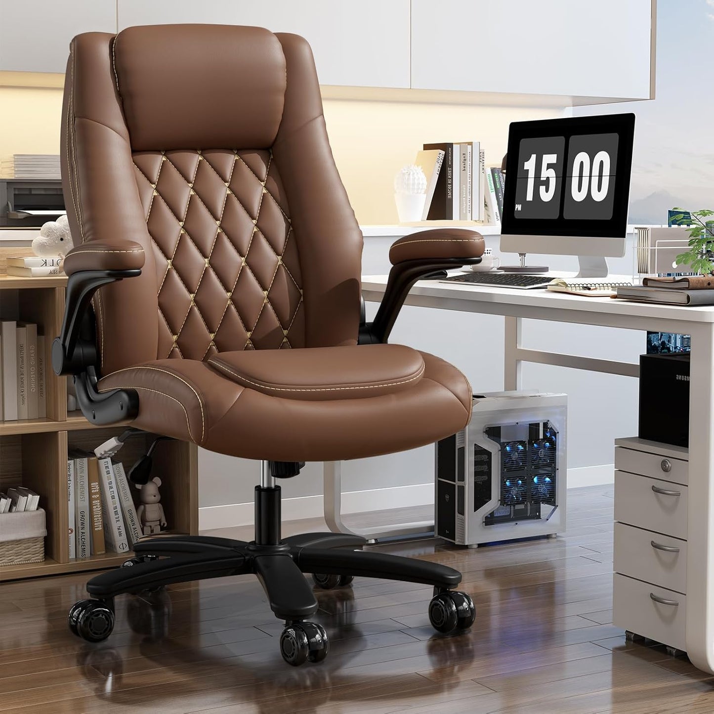 GYI O205P High Back Executive Office Chair, Big and Tall Office Chair 400LBS with Rubber Wheels,Ergonomic Adjustable Computer Desk Chairs with Padded Flip-up Armrests,Lumbar Support (Brown)