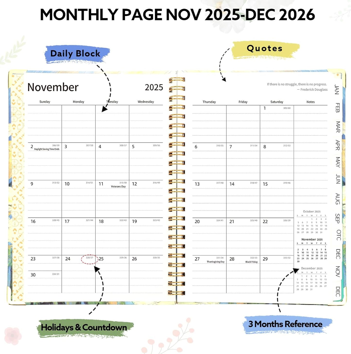 2026 Planner, Weekly and Monthly Planner, January 2026 - December 2026, Calendar Planner A5 (6.5" x 8.5") with Tabs, Inner Pocket for Home School Office Supplies, Yellow Flower