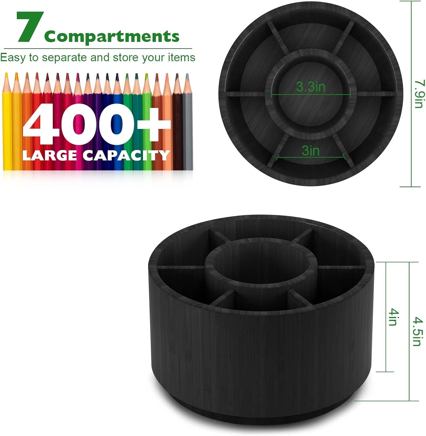 Bamboo Rotating Pencil Holder for Desk - Pen Holder Desk Organizer with 7 Compartments, Black Office Supplies Desktop Storage Caddy for Colored Pencils, Markers, Crayon, Comestics and Cutlery