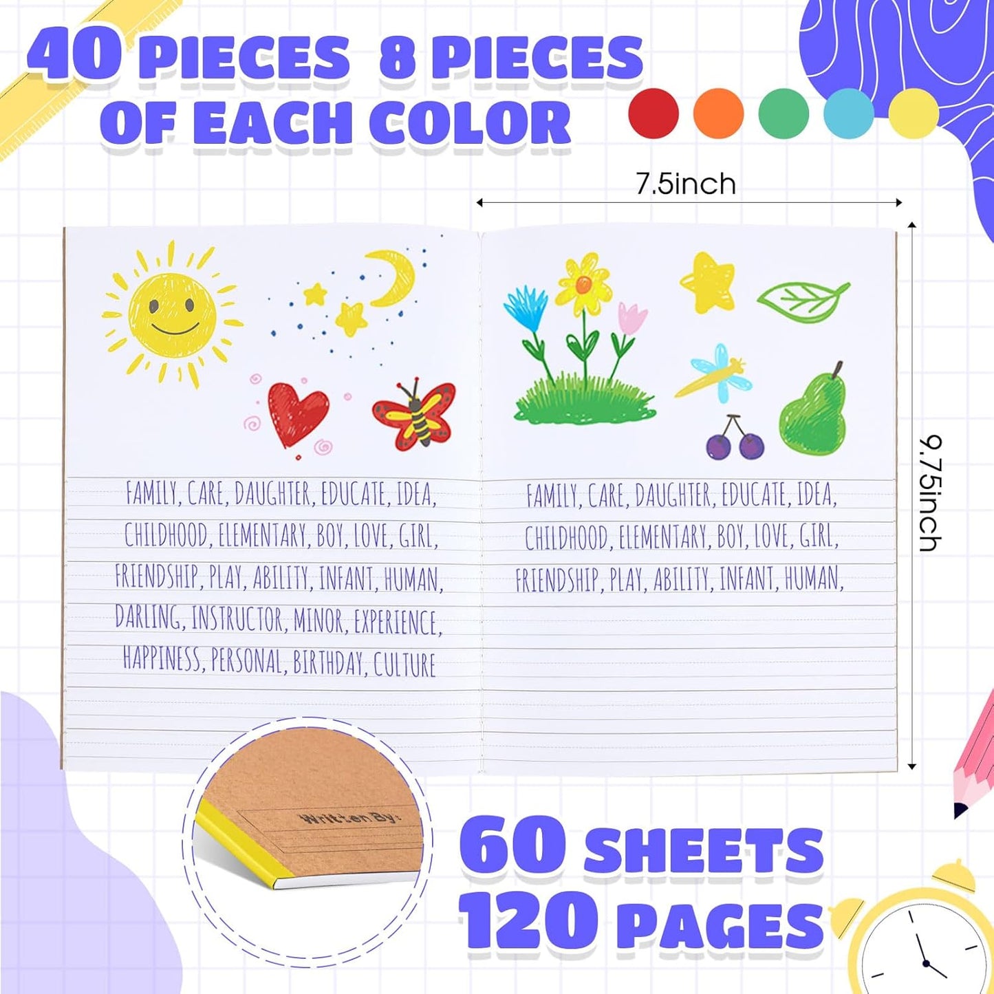 Henoyso 40 Pcs 120 Pages Primary Composition Notebooks K-2, Primary Journal Grades K-2, Writing Journal Practice Notebook for Kids in Preschool, Kindergarten, Back to School Supplies (Rainbow)