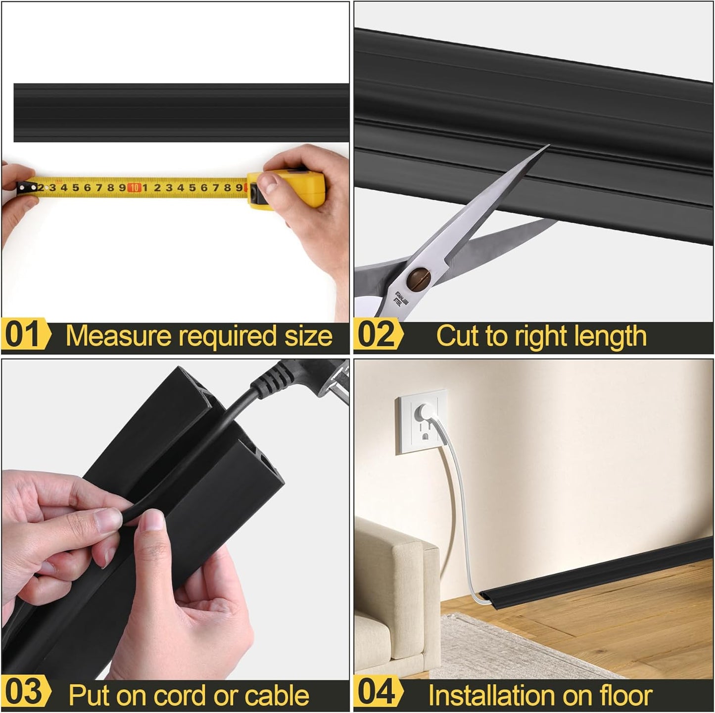 MYFAMIREA 10FT Floor Cord Cover Heavy Duty Cable Cover Protector 3 Channels Extension PVC Floor Wire Cover Outdoor Cord Hider Management Cord Cover for Wire on Floor for Home Office Outdoor, Black