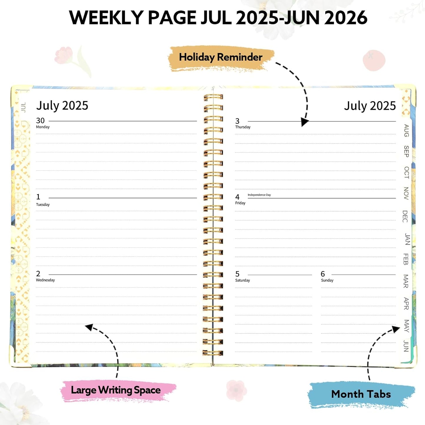 2025-2026 Academic Planner, A5 (6.5" x 8.5") Weekly and Monthly Planner, July 2025 - June 2026, Calendar Planner with Tabs, Inner Pocket for Home School Office Supplies, Yellow Flower