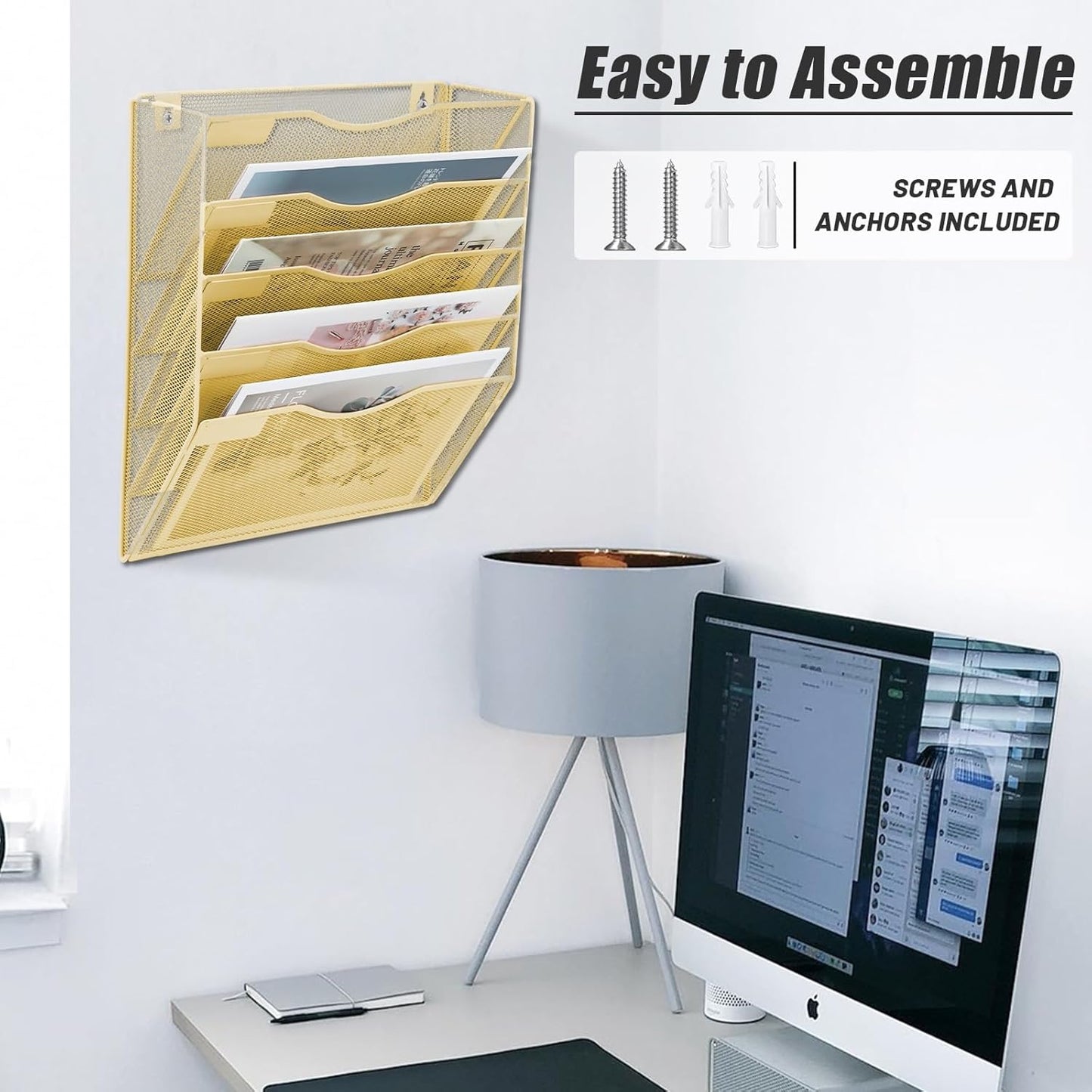 EASEPRES 5 Pocket Mesh Hanging Wall File Organizer, Wall Mounted Mail Paper Document Folder Holder, Clipboard Storage Organization Magazine Rack with Nametag Label for Office Home School, Gold