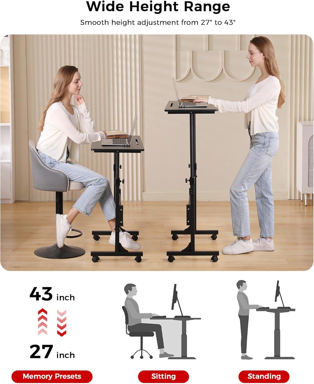 Standing Desk Adjustable Height, Mobile Stand Up Desks with Wheels Small Computer Desk Rolling Desk, Portable Laptop Desk Black Standing Table Sit Stand Home Office Desks 16"x31.5" Height 27"-43.5"