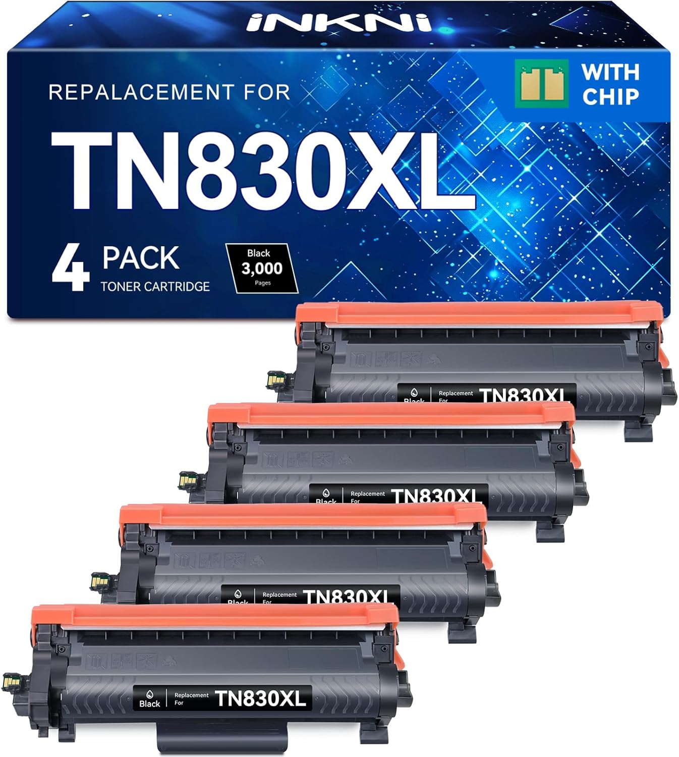 InkNI Compatible Toner Cartridges Replacement for Brother TN830XL TN830 TN 830 XL Toner Cartridges Work for HL-L2460DW DCP-L2640DW HL-L2480DW HL-L2400D HL-L2405W MFC-L2820DW Printer (Black, 4 Pack)