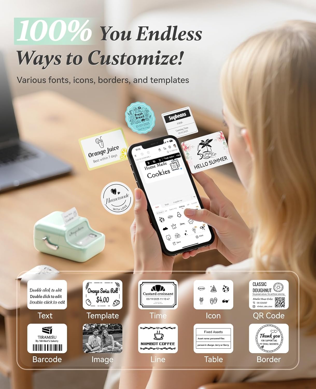 NIIMBOT B21 Label Printer,Bluetooth Thermal Label Maker,Ideal for Home Organization,Business,Ofice,50x30mm Labels,230Pcs(Mint Green)