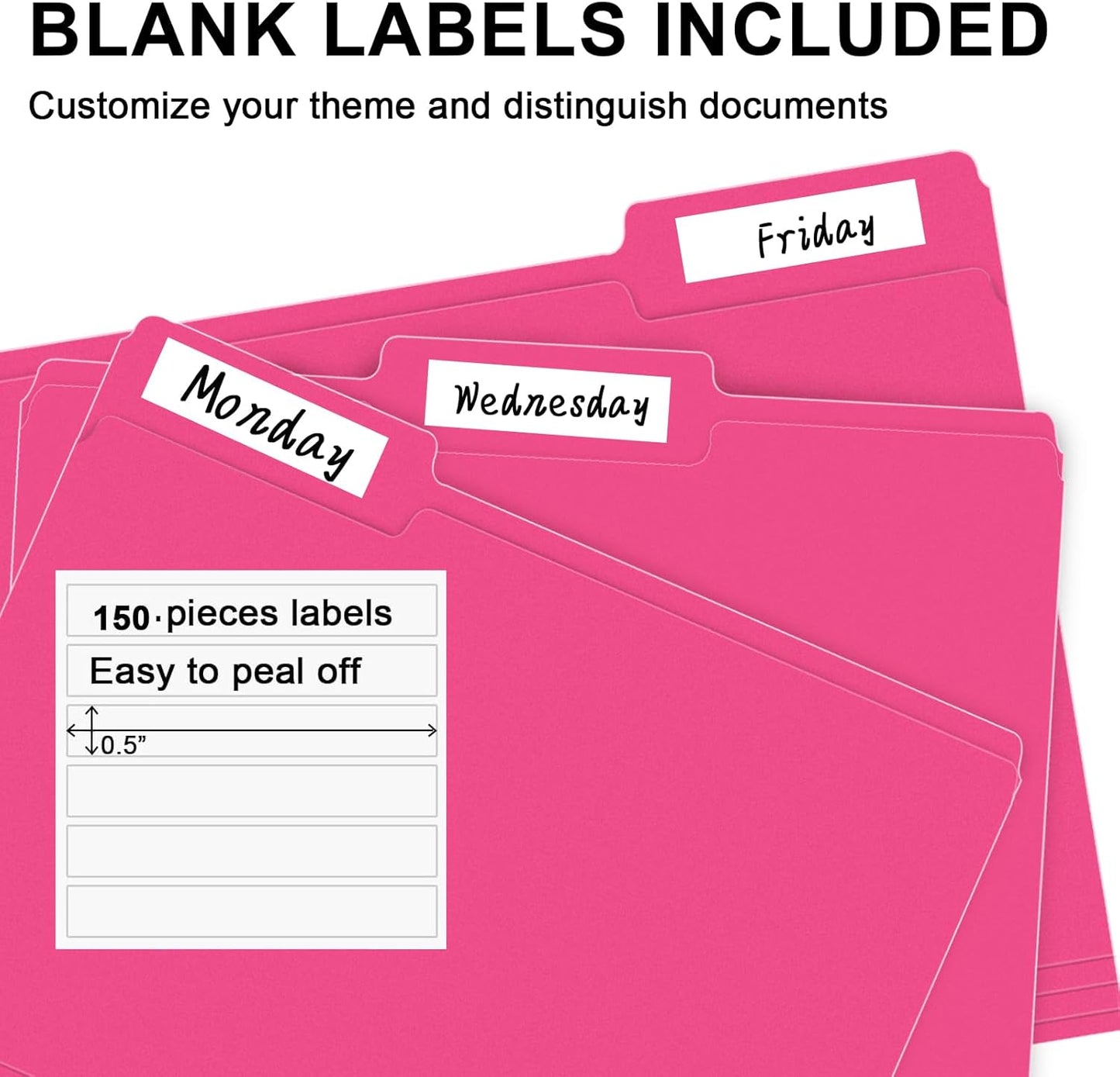 File Folder, RAZCC 150 Pack 1/3 Cut Tab File Folders Letter Size, Magenta, Folders with Tab, Great for Organizing and Easy File Storage