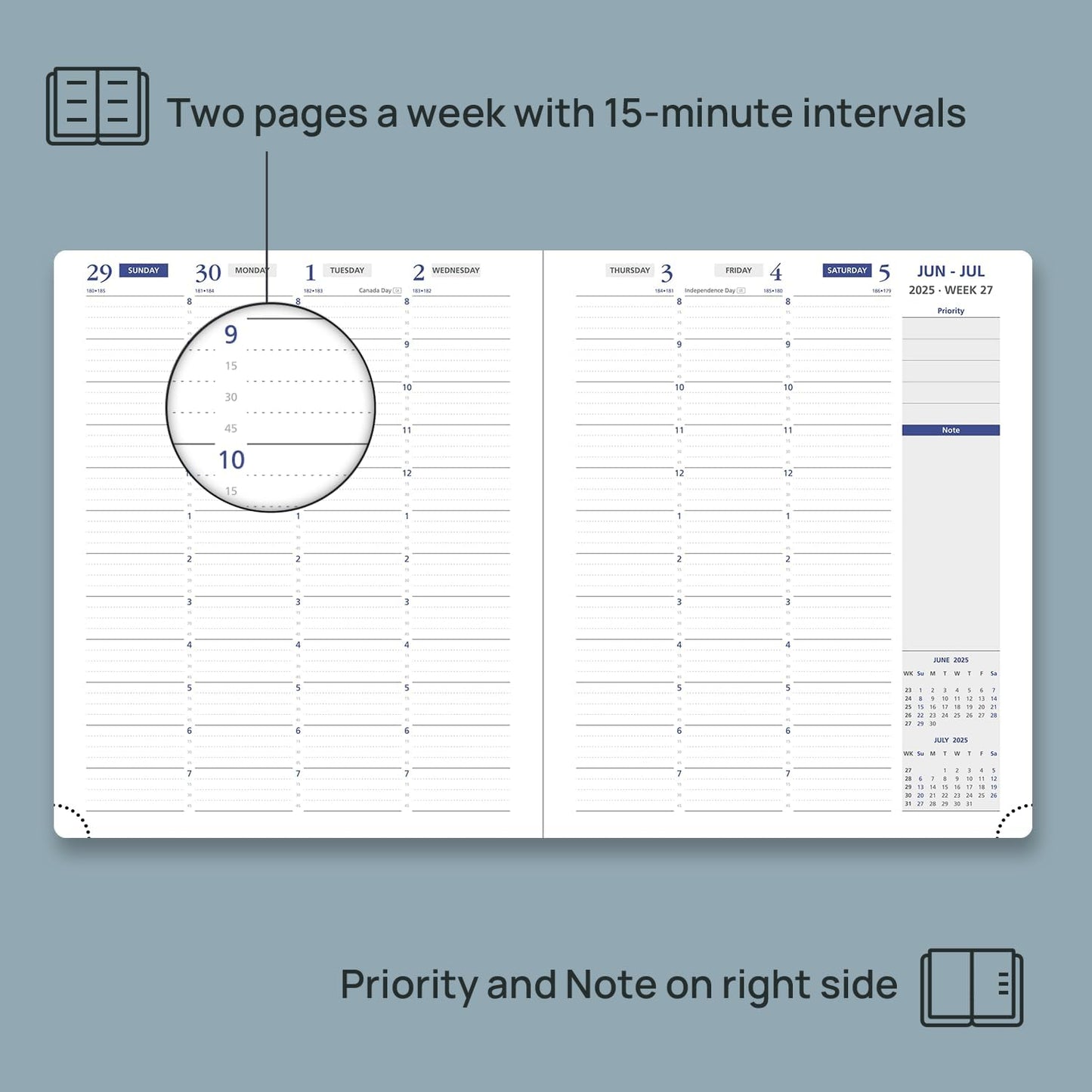 POPRUN Weekly Planner 2025-2026, 7.25'' x 8.5'', 15-Minute Hourly Appointment Book (July 2025-June 2026) with PU Leather Softcover, Monthly Tabs, Inner Pocket - Midnight Green