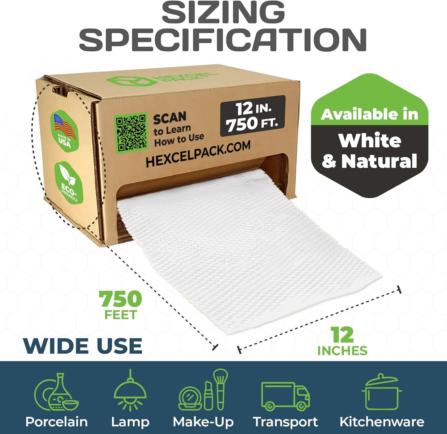 HexcelWrap Mini - Honeycomb Packing Paper, Eco-Friendly, Sustainable Paper Bubble Wrap for Shipping & Moving, Cushioned Packing Material in Dispenser - White, Pallet of 40, 12" x 750'