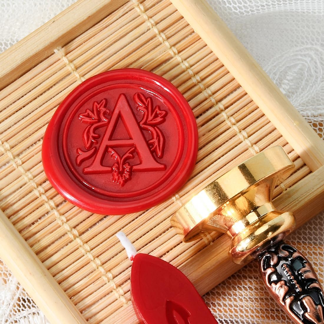 Wax Seal Stamp kit, Envelope Wax Seals DIY Kit - Retro Sealing Wax Candle + Classic Initial Alphabet Seal Wax Seal Stamp Letter A - in Blue Gift Box