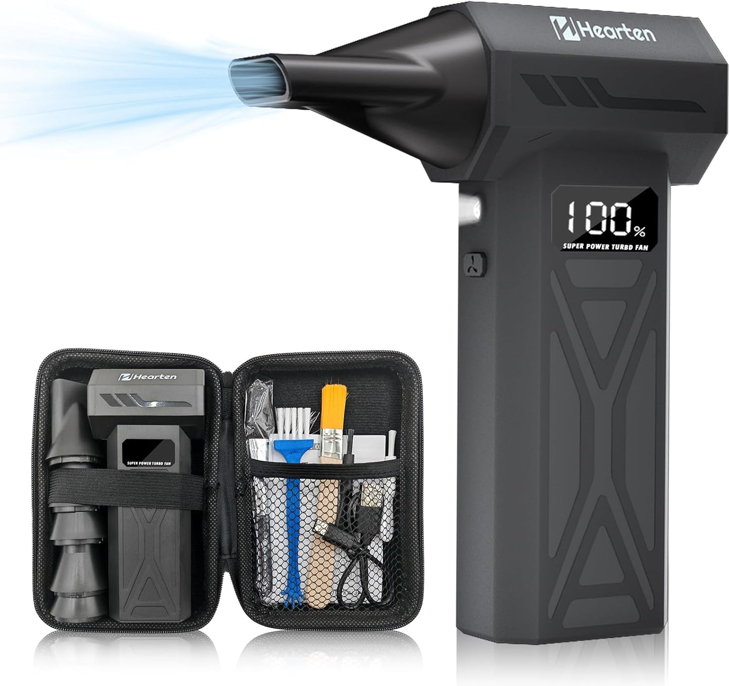 Mini Compressed Air Computer Duster 110000RPM, Cordless Electric Air Blower Rechargeable with LED Light, Case and Digital Display, for PC Keyboard Car Snow Removal & Outdoor, Air Bed, Black