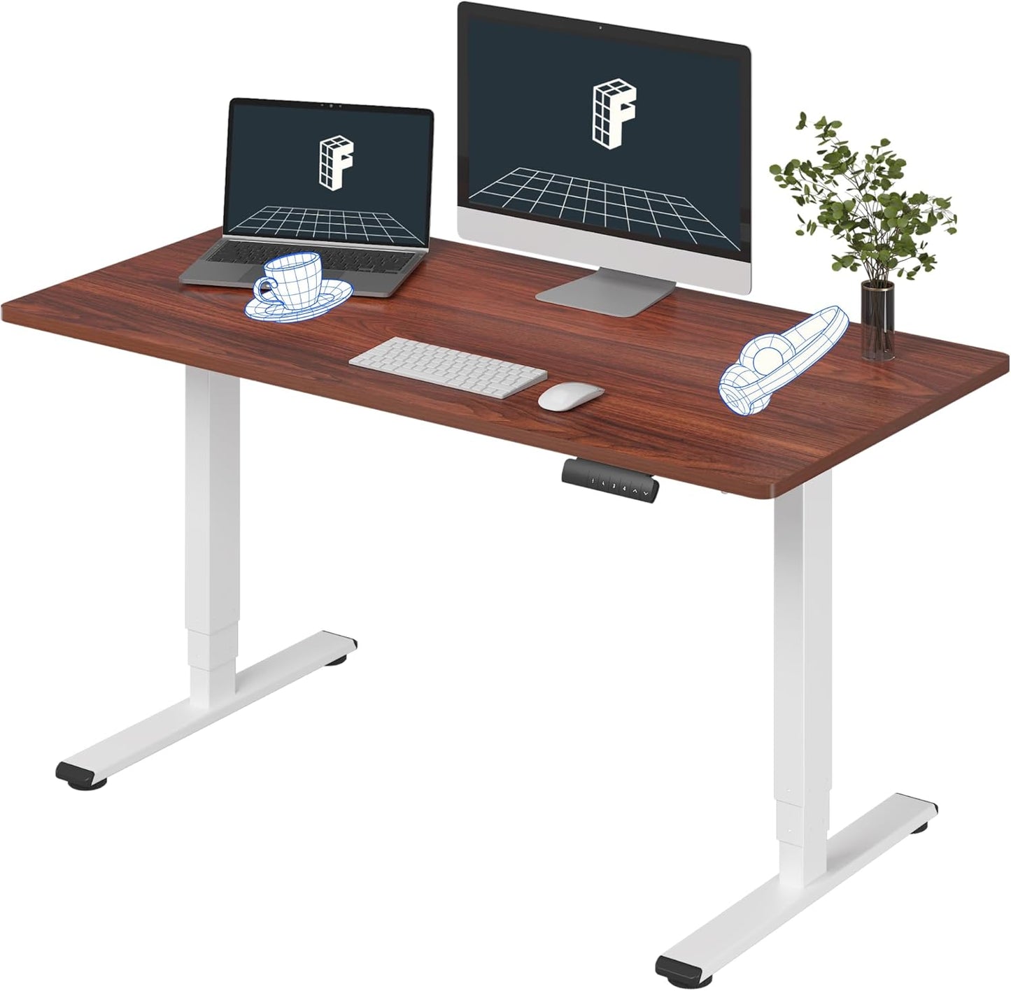 FLEXISPOT E6 Essential 3 Stages Dual Motor Electric Standing Desk 55x28 Inch Whole-Piece Board Height Adjustable Electric Sit Stand Desk(White Frame + Mahogany Desktop, 2 Packages)