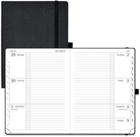 POPRUN Weekly Planner 2026 Calendar (Medium 6.75" x 8.75") 12 Months Notebook with Horizontal Layout, Leather Hardcover, Inner Pocket, 100GSM Thick Paper, Pen Holder - Black