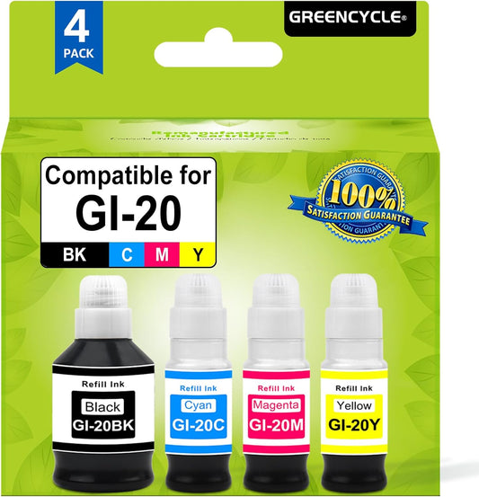 greencycle GI-20 GI20 Refill Ink Bottle Kit 4 Pack, Compatible for Canon PIXMA G6020 G7020 G5020 MegaTank Printer, 170mL Black Ink, 70mL Cyan Magenta Yellow Ink