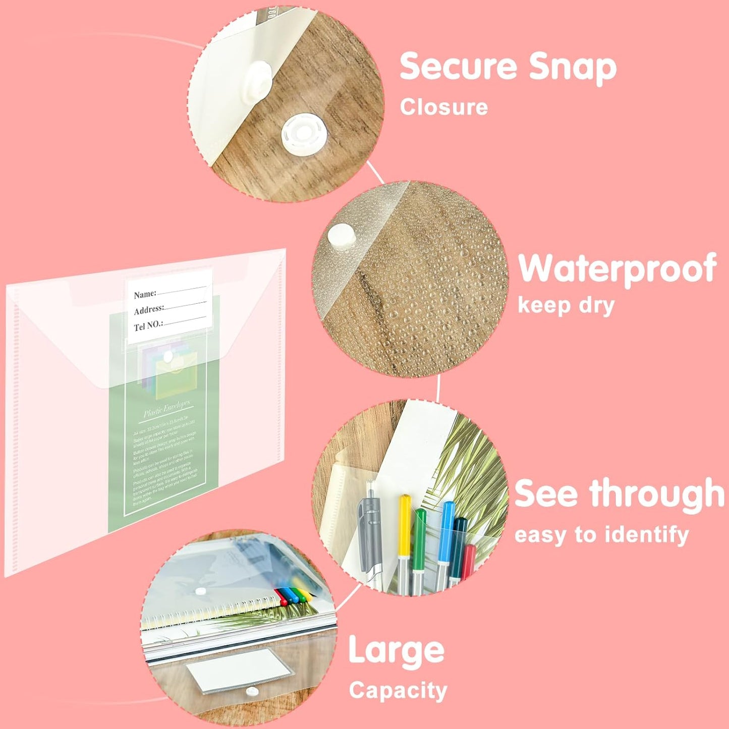NACHLYNN 48pcs Plastic Envelopes Plastic Folders with Snap Closure, A4 Size Clear File Envelopes with Label Documents Folders Organizers for Home Work Office Organization