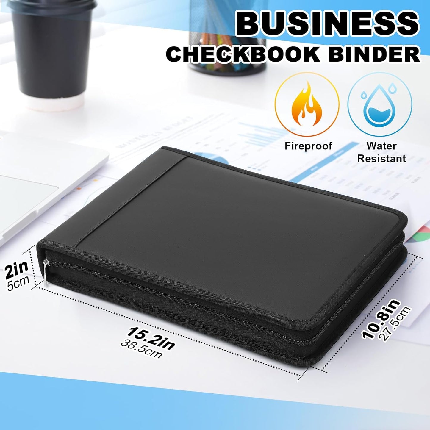 Henoyso 7 Ring Fireproof Business Checkbook Binder with Zipper 1.5 Inch D Rings Check Binder 9 x 13 Inch Checks 600 Sheets Capacity Built in Storage Organizer for Office Storage(Black)