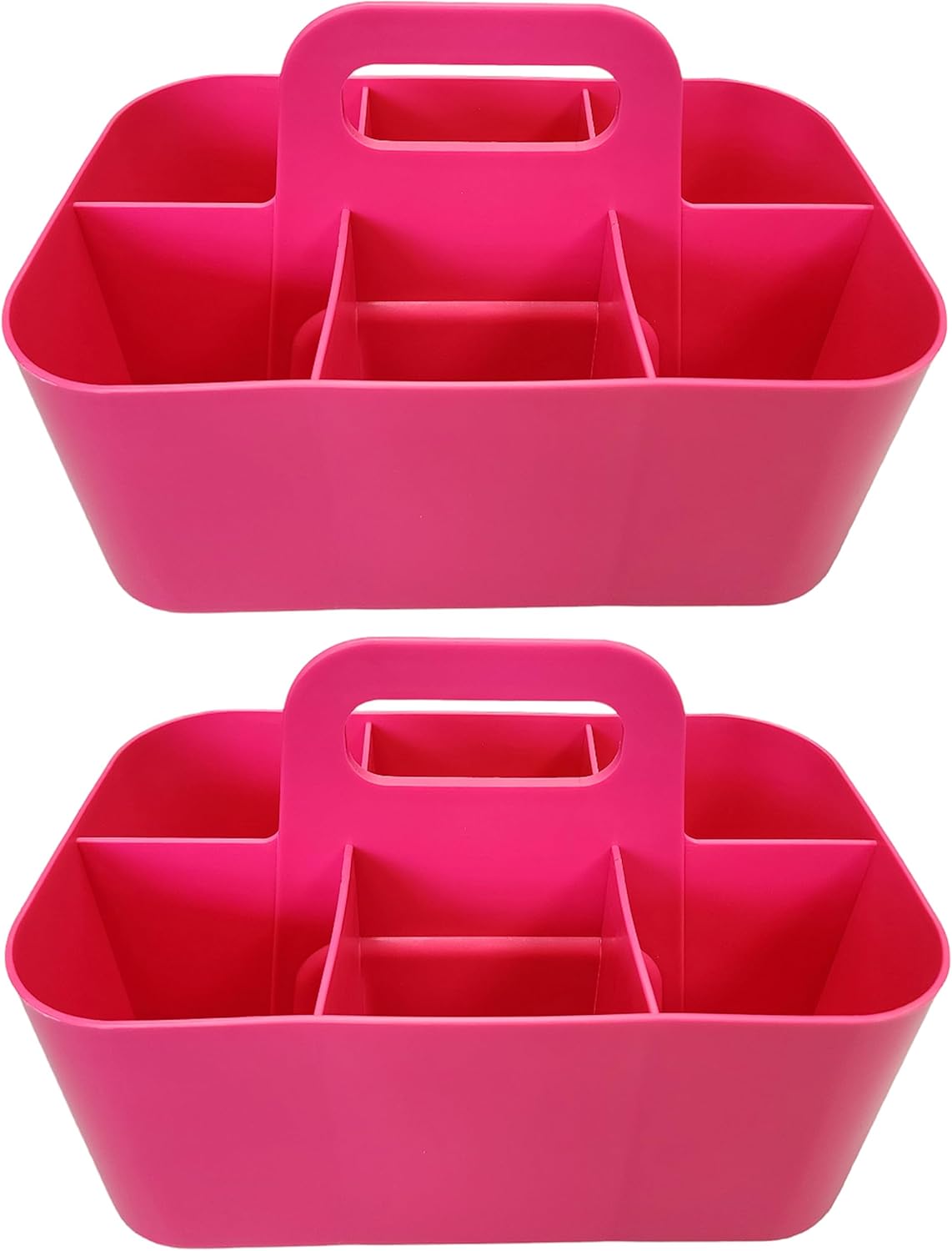2 Pack Small 6 Compartment Multiuse Caddy Organizer with Handle Art Craft Supplies, Office, Desk, Stationery Pen Holder Stackable- Made In USA (Hot PInk)