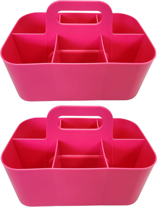 2 Pack Small 6 Compartment Multiuse Caddy Organizer with Handle Art Craft Supplies, Office, Desk, Stationery Pen Holder Stackable- Made In USA (Hot PInk)