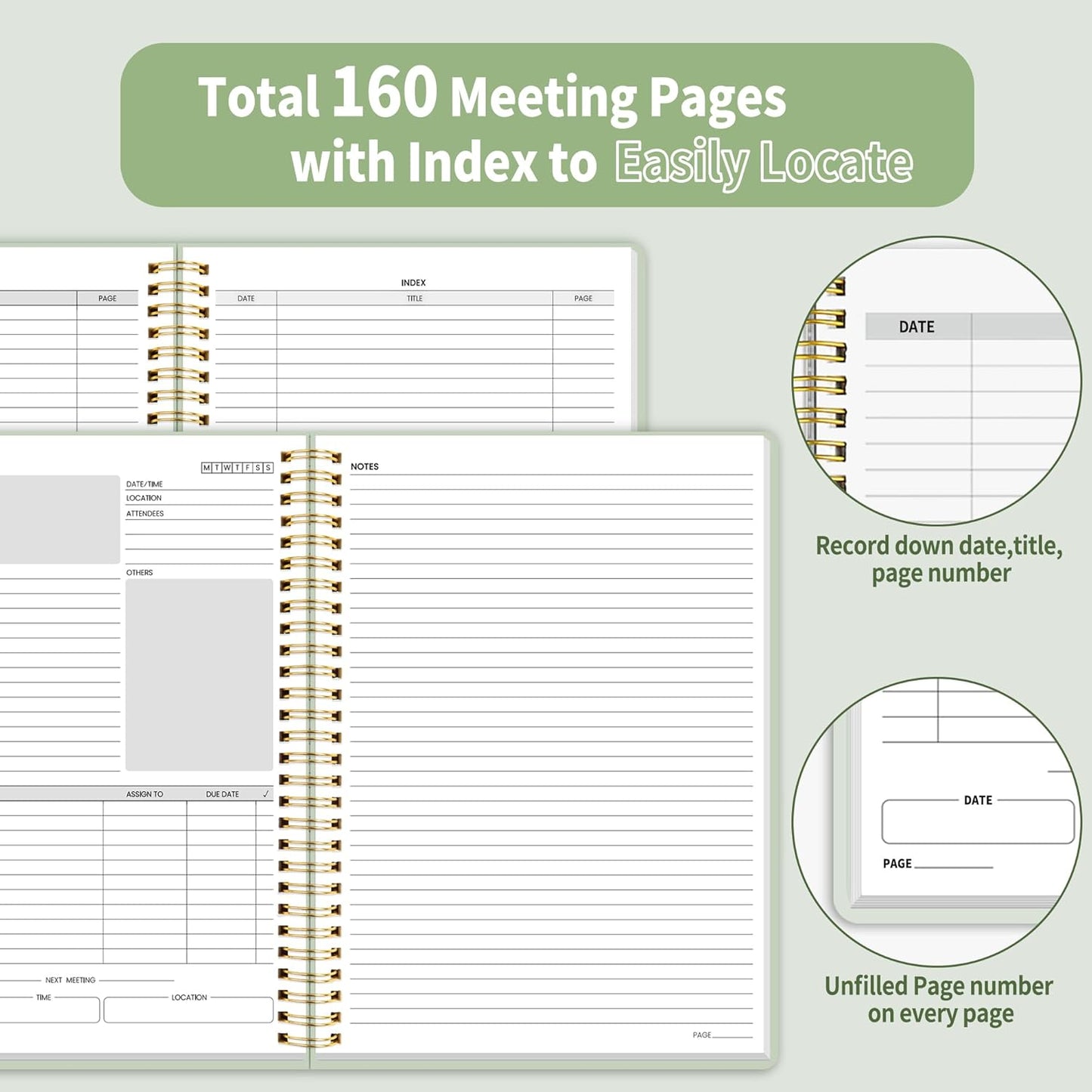 SUNEE Half Meeting Half Note - 7.5"x10" Professional Notebooks for Work - 160 Pages, B5 Size Project Planner, Spiral Meeting Agenda/Minutes Organizer for Women Men, Note Taking, Office & Business
