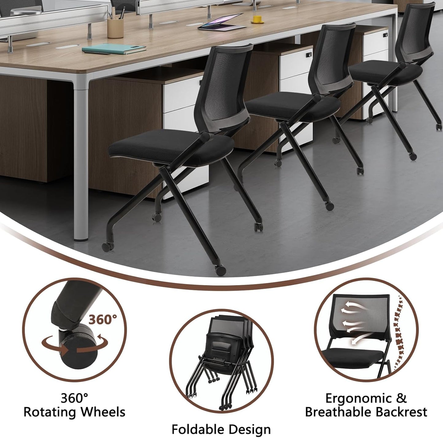 CLATINA Stackable & Foldable Conference Room Chairs, Waiting Room Chairs with Wheels & Lumbar Support, Ergonomic Mesh Bouncing Back Folding Chair for Office Meeting Schools Training Room, Black(2pk)