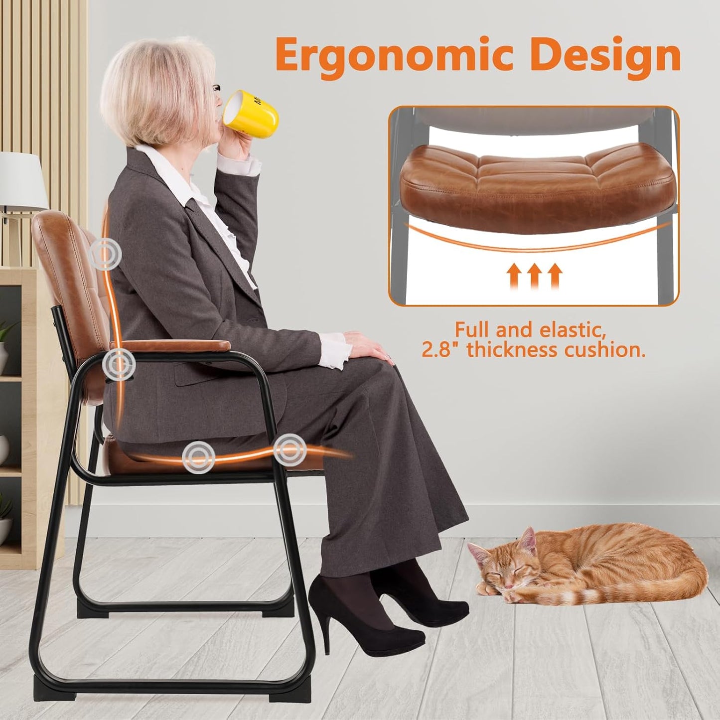 CLATINA Big & Tall 500 lb Waiting Room Chairs with Padded Armrests and Sled Base, Leather Stationary No Wheels Office Guest Chair for Reception Lobby Home and Meeting Conference, Brown （6 Pack）