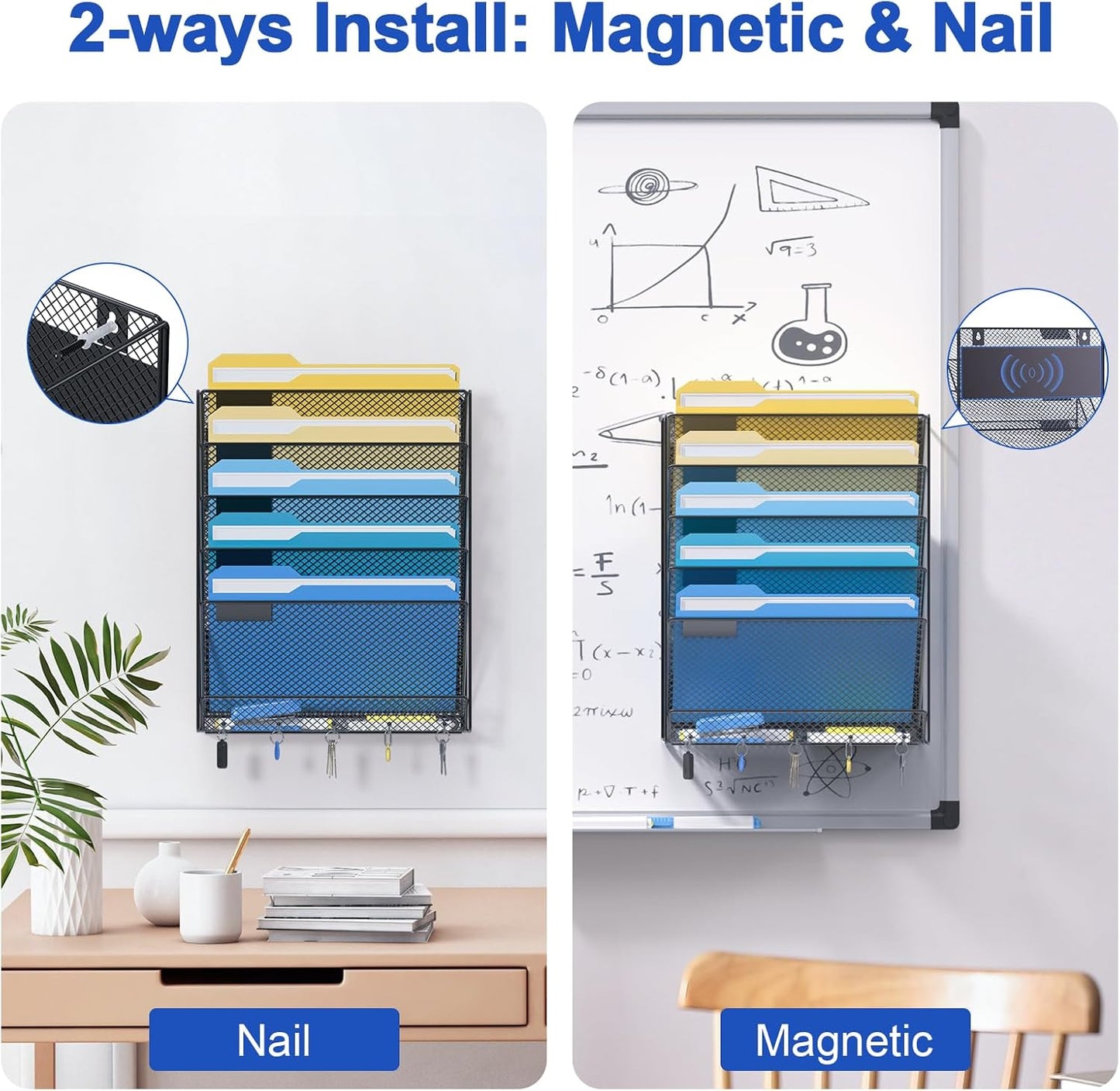 samstar Magnetic Wall File Holder, 6-Tier Hanging Wall File Organizer Wall Mount Paper File Folder Mail Organizer for Office/School, Magnetic