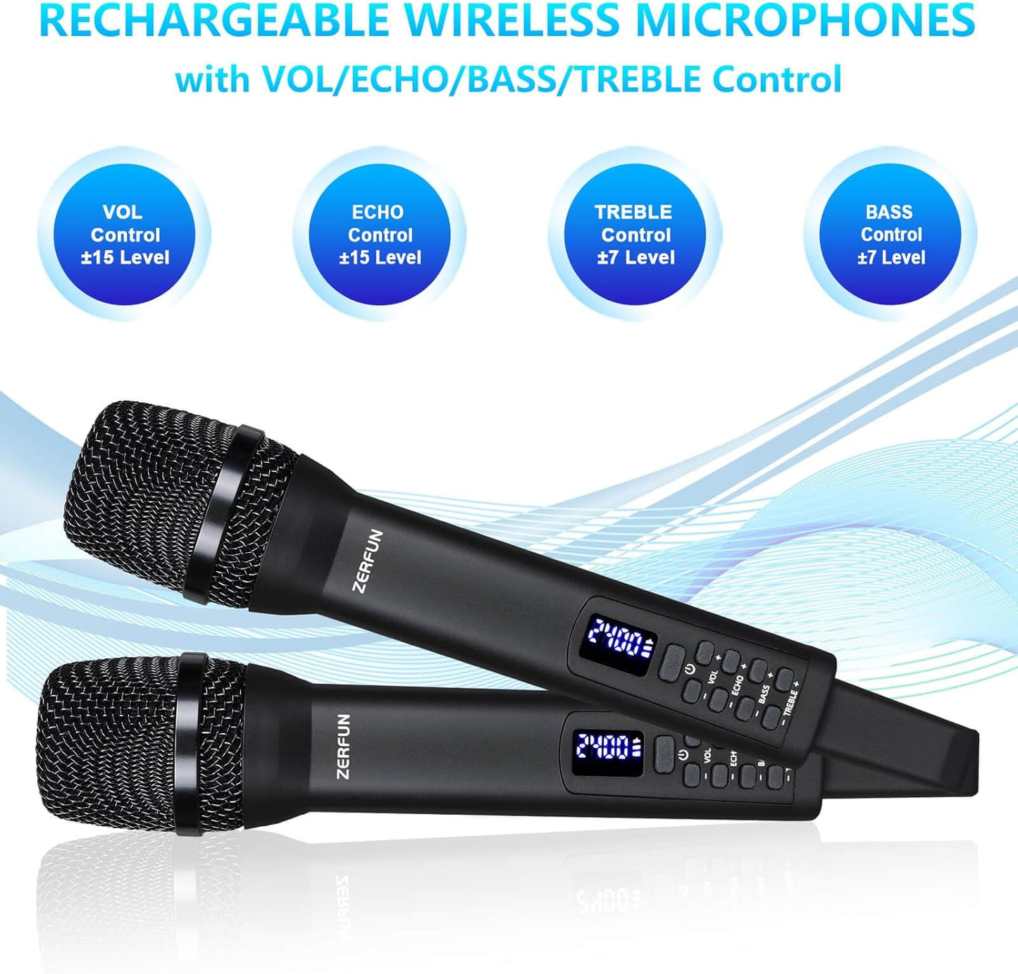 Rechargeable Wireless Microphones Dual, Pro Handheld Cordless Mics System Dynamic with Echo Treble BASS VOL Control for Karaoke Singing Church Party, 1/4'' Output, D240, Black