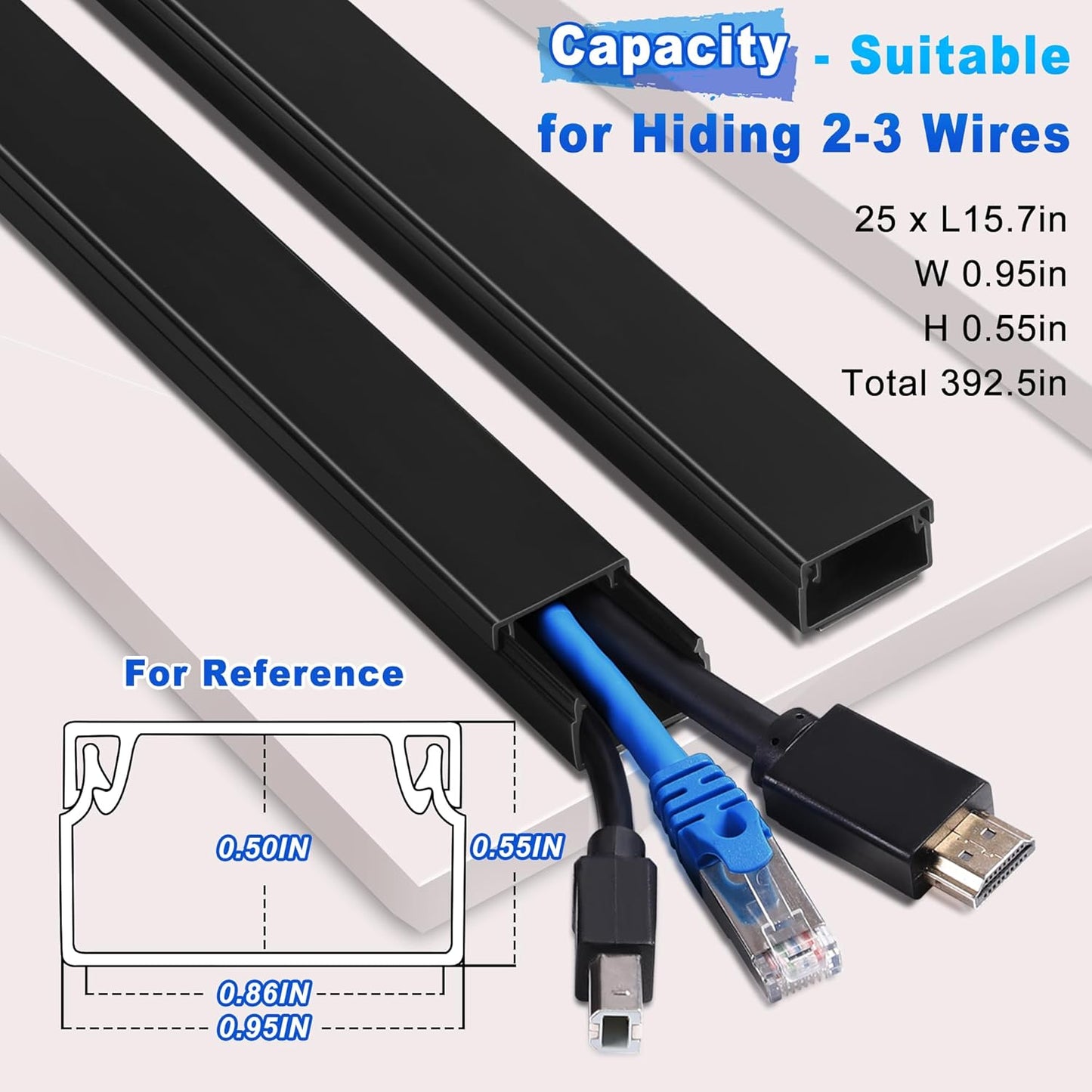 392.5in Wire Covers for Cords Kit-Black Cord Cover Wall, Wire Hiders for TV on Wall, TV Cable Hider Wall Kit for Wire Cover, Cord Hider Wall Mounted TV, Cord Concealer, 25 x L15.7 W 0.95H 0.55in