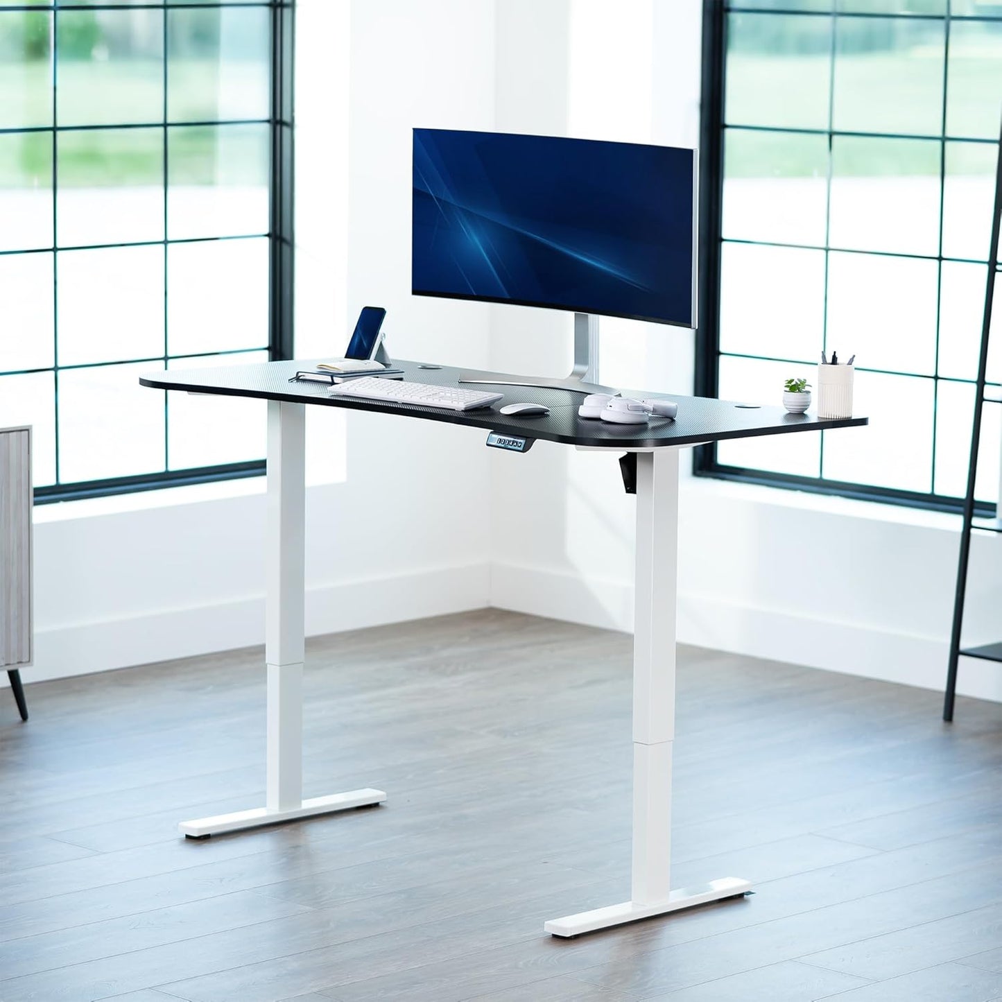 VIVO Electric 63 x 32 in Standing Desk, Memory Height Adjustment, 1B Series, Black Carbon Fiber Top White Frame, DESK-KIT-1W1R