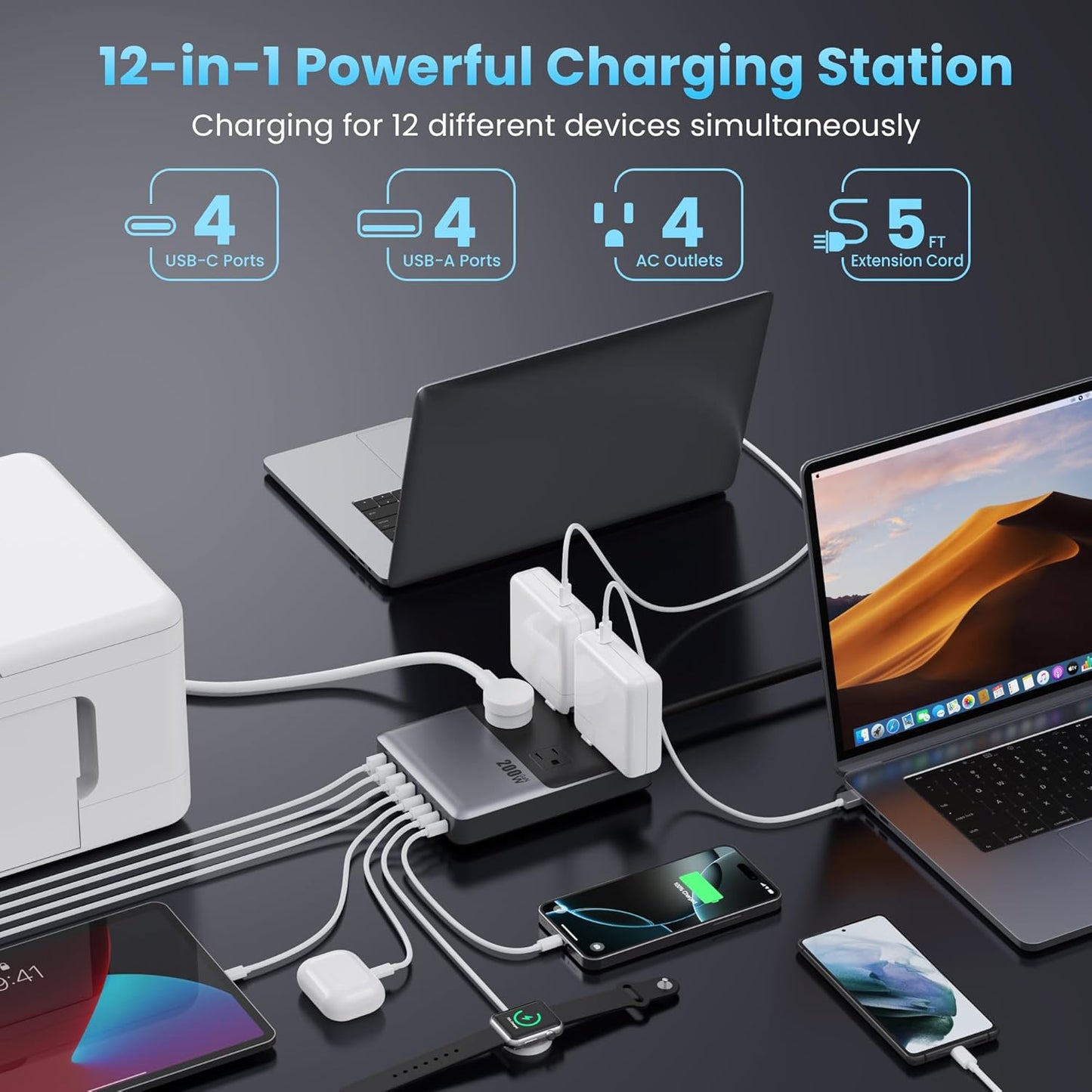 12-in-1 Charging Station USB-C Power Strip with 5ft Cord and Plug, 200W GaN IV Charger Block, 4 AC Outlets, 4 USB A&C for MacBook,iPhone 16/15/14, Desktop Charger for Office, Home