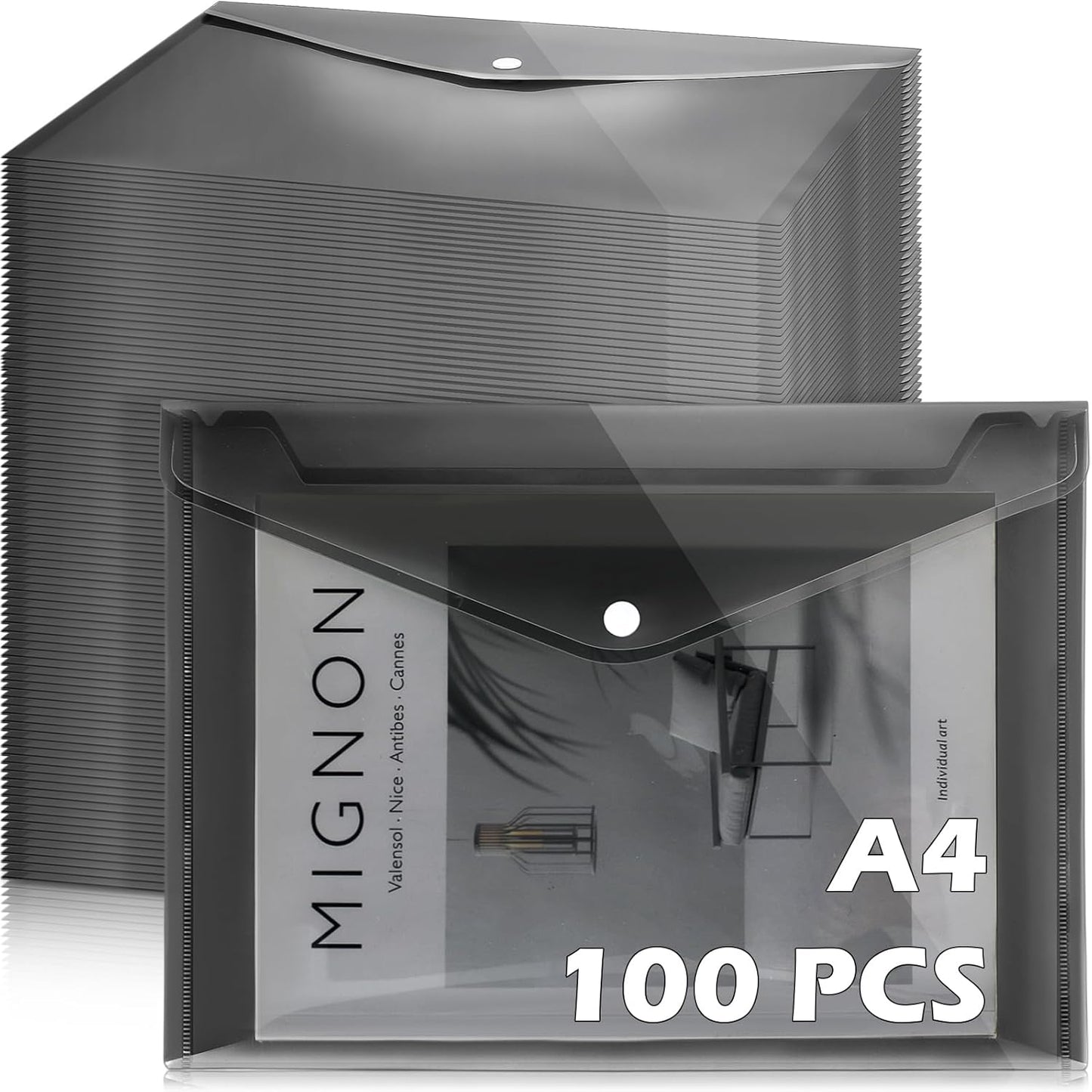 100 Pcs Clear Envelopes with Snap Button Closure Bulk A4 Letter Size Clear Plastic Envelope Folder Document Organizer File Folders for Office Home(Black)