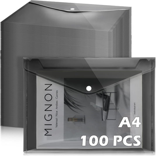 100 Pcs Clear Envelopes with Snap Button Closure Bulk A4 Letter Size Clear Plastic Envelope Folder Document Organizer File Folders for Office Home(Black)