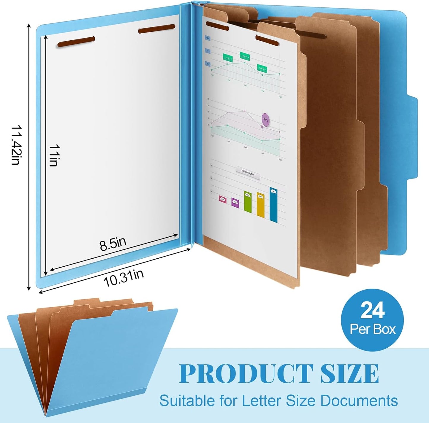 24 Pcs Classification Folders Letter Size, 3 Divider Pressboard File Folder with Fasteners, Expanding File Organizer Bulk for Teachers, Clergy, Office, Church, Christmas Donations (Blue)