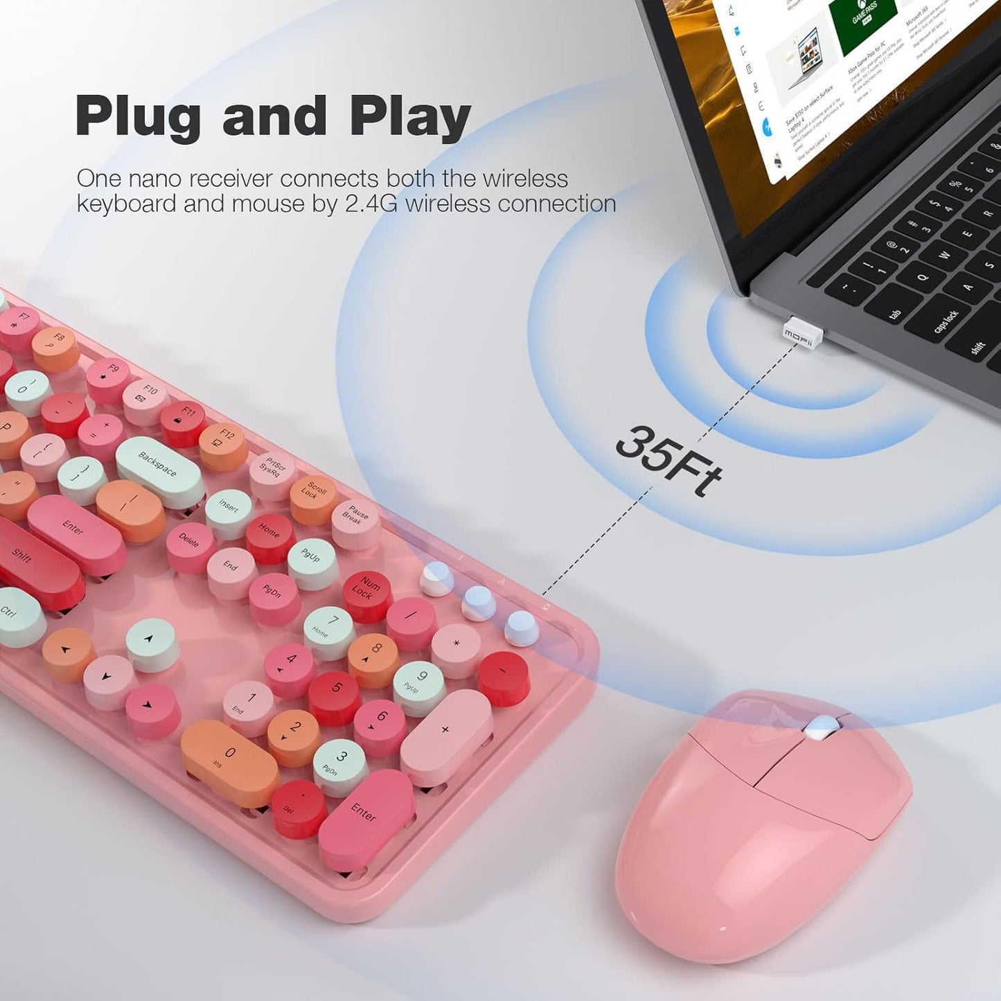 MOFII Wireless Keyboard and Mouse, Pink Colorful Round Key Retro Typewriter Keyboards, USB Wireless 2.4G Full Size Keyboard and Cute Mice Combo for Computer, Laptop, PC, Chromebook, Smart TV