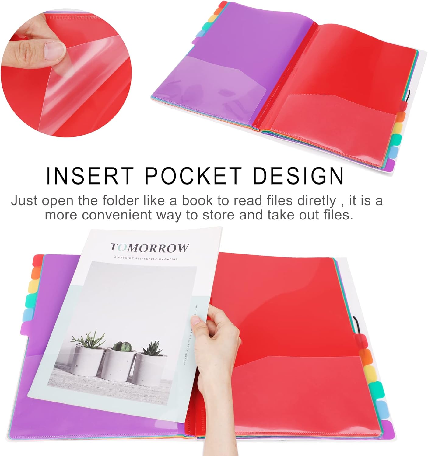 Rainbow Tab Expanding File Folder - 24 Pockets, Durable A4 Letter Size Organizer, Water-Resistant Plastic Dividers, Home/Office/School Document Holder (White）