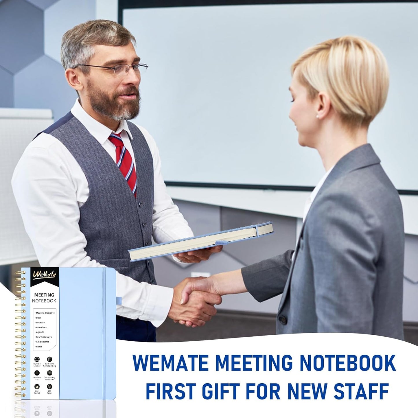 WEMATE Meeting Notebook for Work B5 (7"x10") - PU Leather Work Notebook with Agenda, Action Items & Notes - 200 Pages for Men&Women, Staff and Students, Meeting, Projects Planning - Light Blue