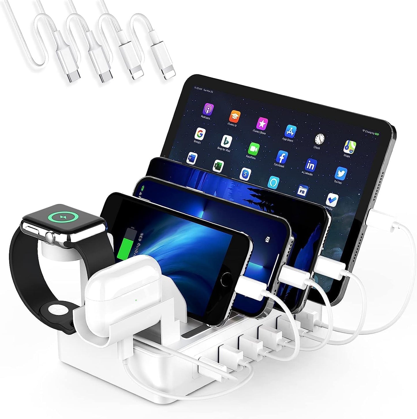Multiple Charging Station Charger Station - Presents for Him Her Charging Station for Multiple Devices, 6 Ports USB Charging Dock for Phone|Earhead|Watch Stand, Fast Docking Station