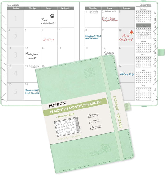 POPRUN Monthly Planner 2026-2027 (Medium- 6.5'' x 8.5'' Soft Cover), 18-Month Calendar Book (Jan.2026 - Jun. 2027), Calendar Planner with Monthly Tabs & Pocket, 100 GSM Paper - Green