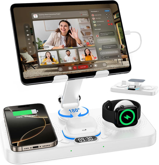 30W Charging Station for Apple Products, Foldable Wireless Charger with Clock Display&7 Color Light, Wired Charging for iPad/Tablet Charging Station for iPhone17, for Apple Watch10 for AirPods4(White