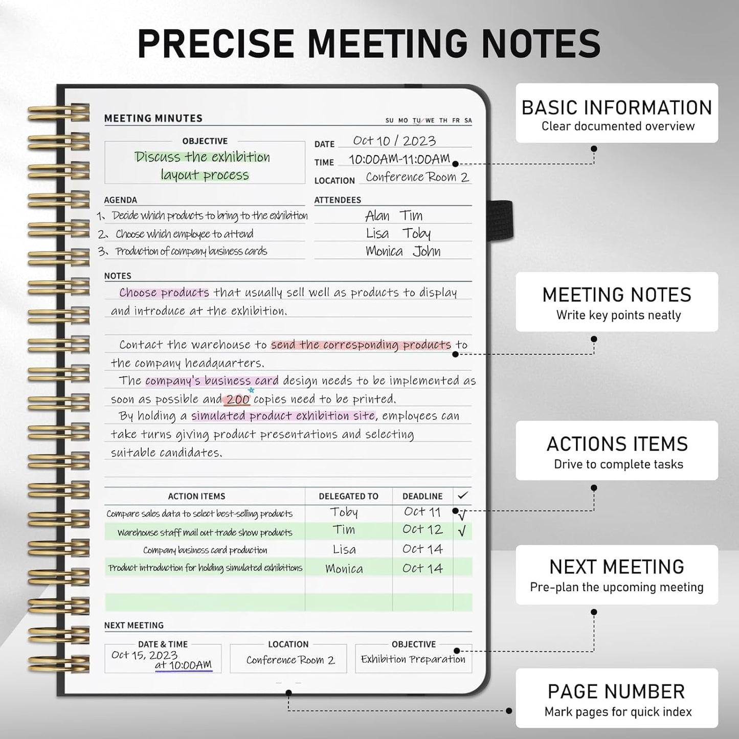 WEMATE Meeting Notebook for Work B5 (7"x10") - PU Leather Work Notebook with Agenda, Action Items & Notes - 200 Pages for Men&Women, Staff and Students, Meeting, Projects Planning - Black