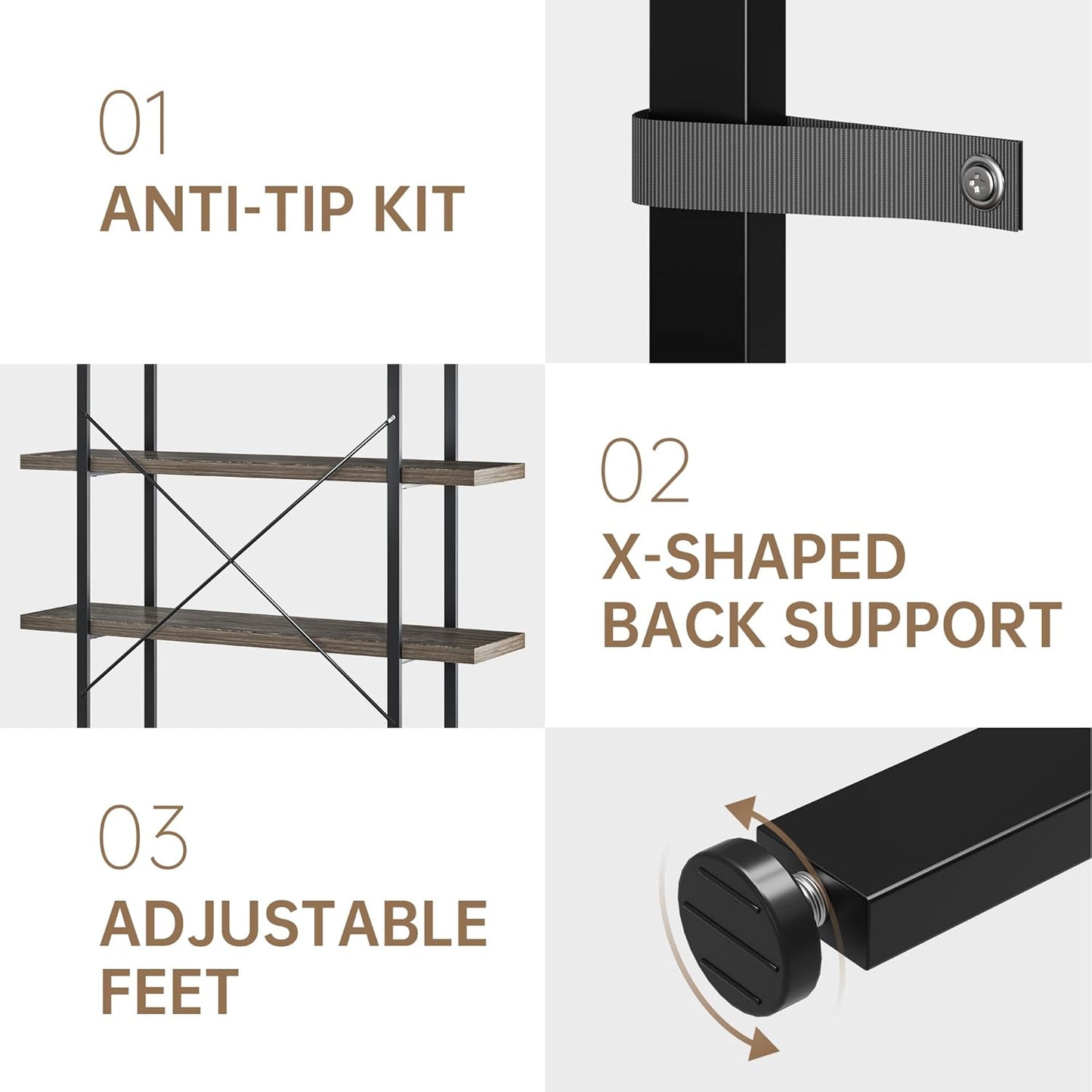 Heavy Duty 4-Tier Industrial Bookcase, 47" Wide Wood Bookshelf for Home Office, 120lbs Shelf Capacity, Rustic Shelving Display with Reinforced Horizontal Shelf for Living Room Bedroom,Grey