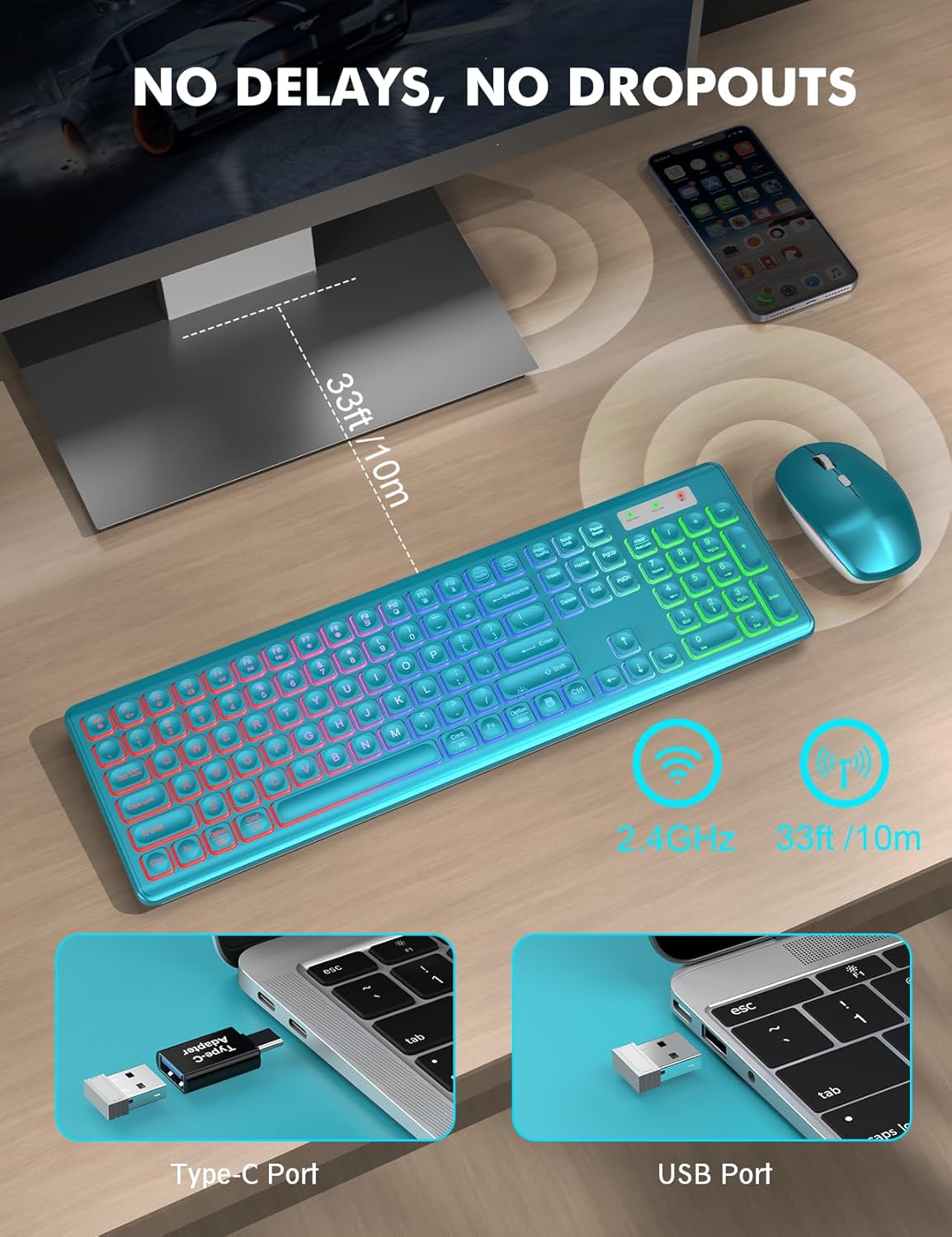 Wireless Keyboard and Mouse Combo - RGB Backlit, Rechargeable & Light Up Letters, Full-Size, Ergonomic Tilt Angle, Sleep Mode, 2.4GHz Quiet Keyboard Mouse for Mac, Windows, Laptop, PC