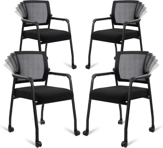 Waiting Room Chairs with Wheels, Adjustable Mesh Backrest, Desk Chair with Ergonomic Lumbar Support and Thickened Seats Cushion, 4 Pack Black